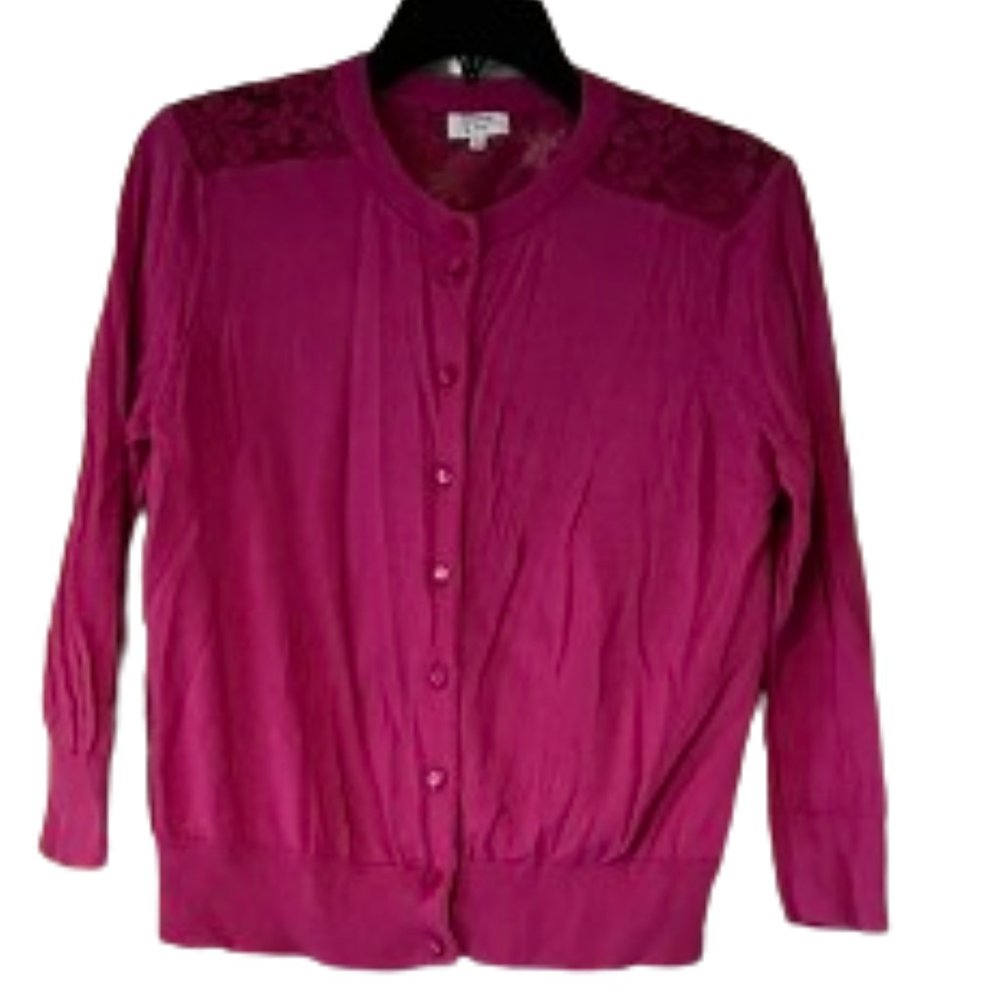 Crown & Ivy Fuchsia Pink Cardigan w/Sheer Flower Back - Large